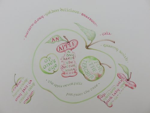 Sheila N, apples, calligraphy.